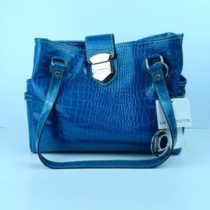 LIZ CLAIBORNE BLUE  PATENT LEATHER CROC SHOULDER PURSE Lots of Compartments